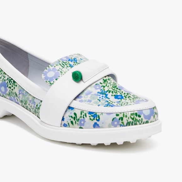 Tory Burch Sport Pocket Tee Golf Loafers Ace Blue Garden Floral Leather Size 7 - Picture 3 of 12